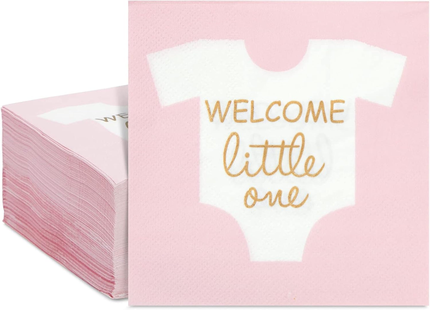 Baby Shower Napkins - 5 x 5 In Folded, Light Pink & Gold Foil, 100 Count, 3-Ply - Girl Baby Shower Napkins