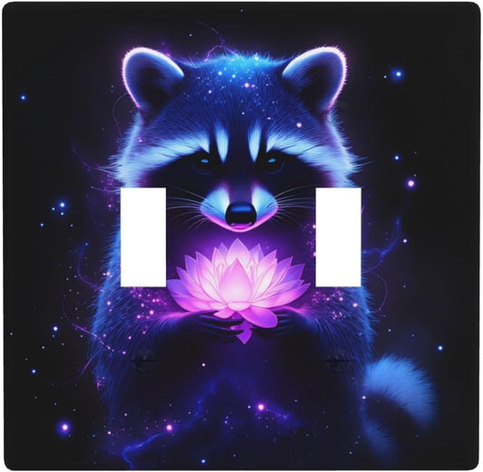 Raccoon Pink Lotus Double Toggle Light Switch Cover Plate Decorative Wall Plates, 2 Gang Switch Plates And Outlet Covers 4.5" X 4.5" For Bedroom Bathroom Kitchen Home Decor