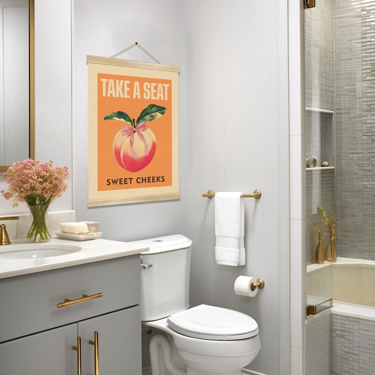 Funny Peach Bathroom Wall Decor-Take A Seat Sweet Cheeks,Peach Wall Art,Lovely Fruit Print Hanging Poster for Bathroom, Toilet,Powder Room Decor 14x18.5inch (BAT03)