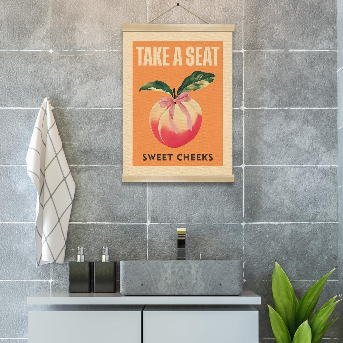 Funny Peach Bathroom Wall Decor-Take A Seat Sweet Cheeks,Peach Wall Art,Lovely Fruit Print Hanging Poster for Bathroom, Toilet,Powder Room Decor 14x18.5inch (BAT03)