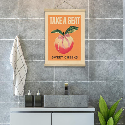 Funny Peach Bathroom Wall Decor-Take A Seat Sweet Cheeks,Peach Wall Art,Lovely Fruit Print Hanging Poster for Bathroom, Toilet,Powder Room Decor 14x18.5inch (BAT03)