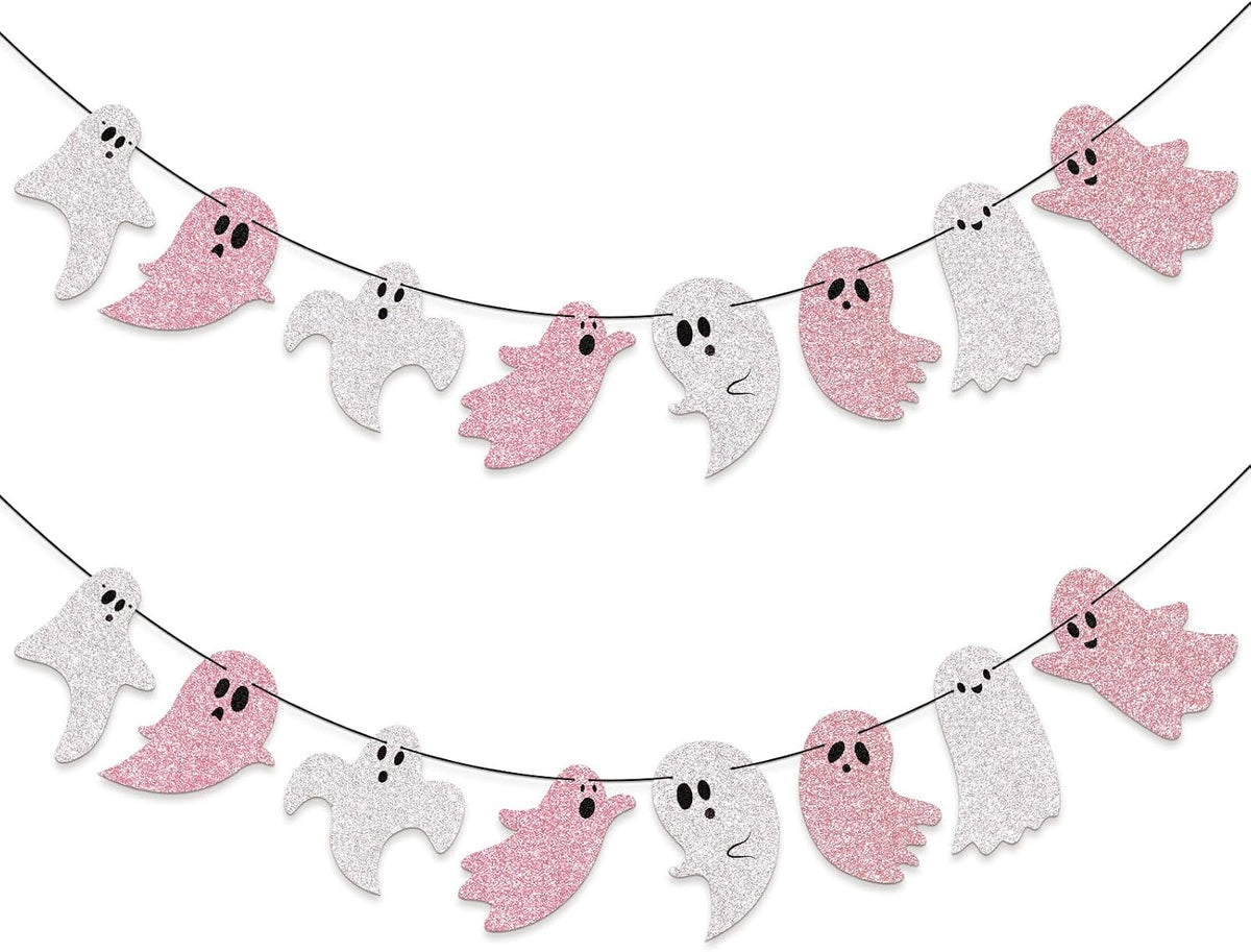 2 Pcs 8.2 ft Halloween Ghost Garland Banner, Pink White Glitter
