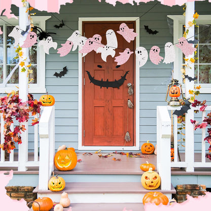 2 Pcs 8.2 ft Halloween Ghost Garland Banner, Pink White Glitter