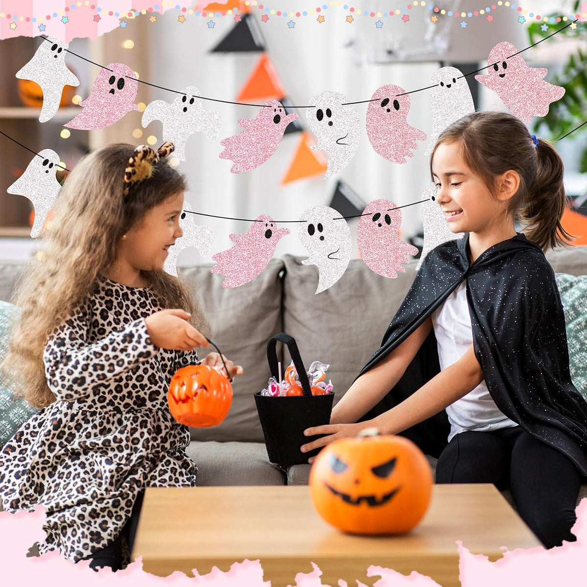 2 Pcs 8.2 ft Halloween Ghost Garland Banner, Pink White Glitter