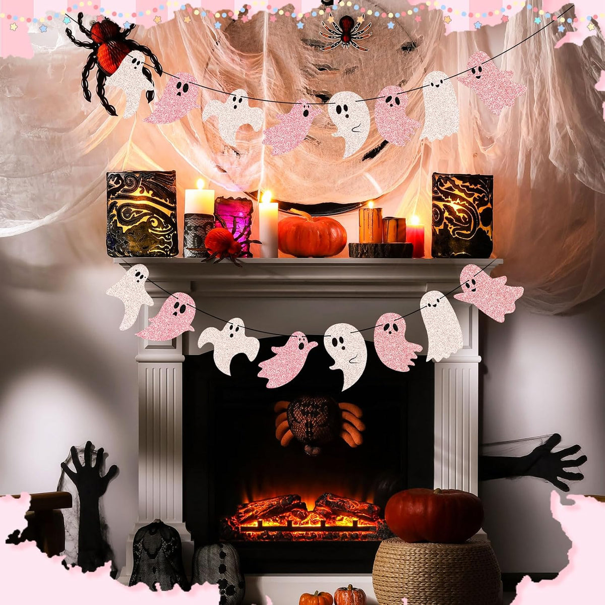 2 Pcs 8.2 ft Halloween Ghost Garland Banner, Pink White Glitter
