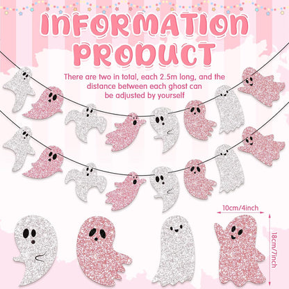 2 Pcs 8.2 ft Halloween Ghost Garland Banner, Pink White Glitter