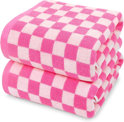 Hot-Pink Checkered Cotton Bath Towels Set of 2