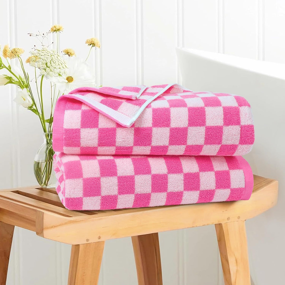 Hot-Pink Checkered Cotton Bath Towels Set of 2