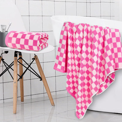 Hot-Pink Checkered Cotton Bath Towels Set of 2