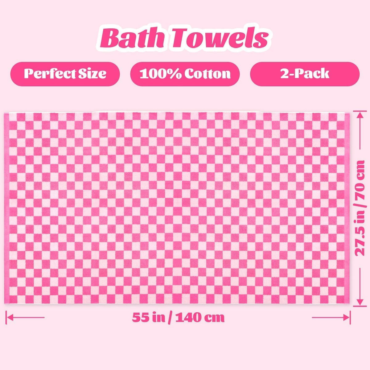 Hot-Pink Checkered Cotton Bath Towels Set of 2