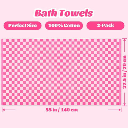 Hot-Pink Checkered Cotton Bath Towels Set of 2