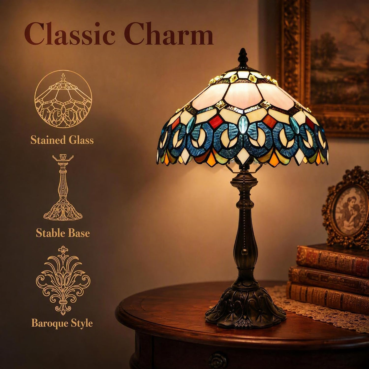 Tiffany Table Lamp Stained Glass Bedside Reading Light W12H19 inch
