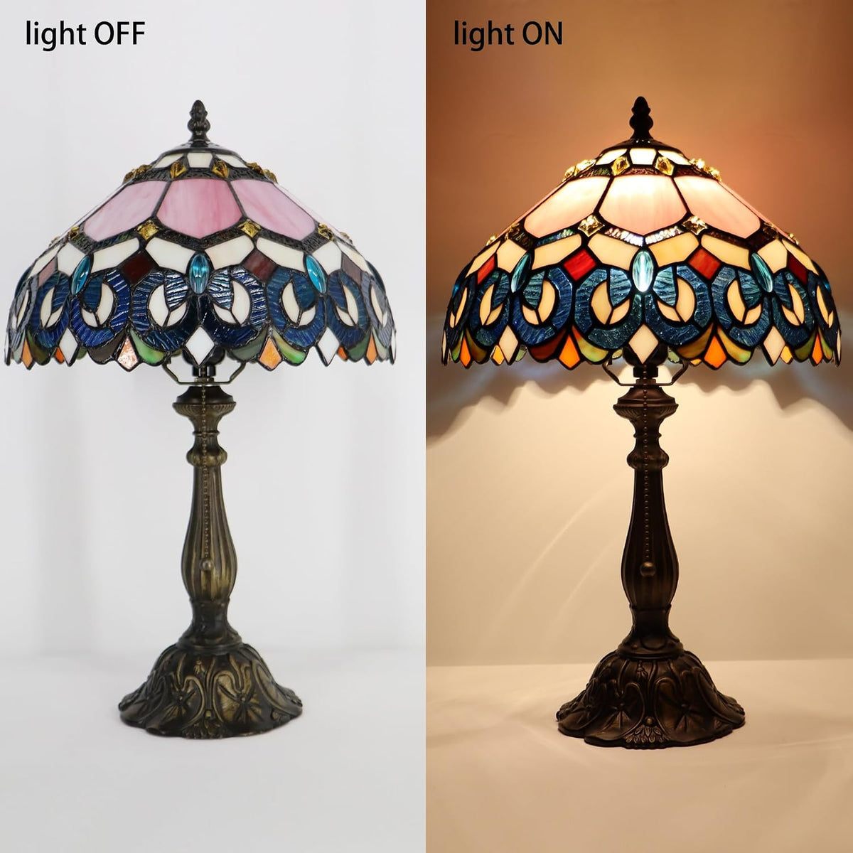 Tiffany Table Lamp Stained Glass Bedside Reading Light W12H19 inch