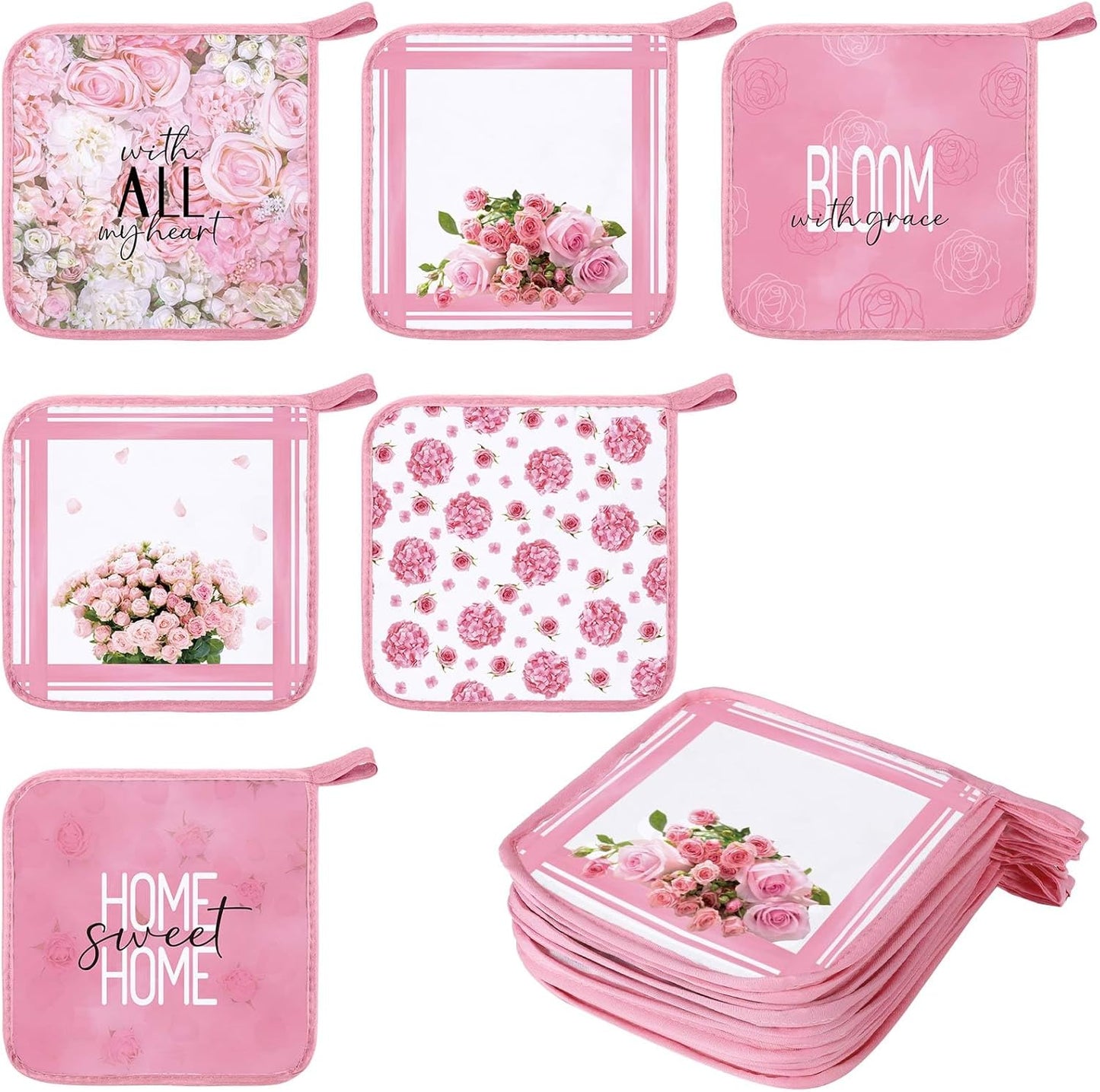 12 Pcs Pot Holders with Pocket Kitchen Hot Potholders Hot Pad Oven Mitts Cookie Bag Oven Gloves for Kitchen Gift Baking Cooking(Pink,Pink Rose)