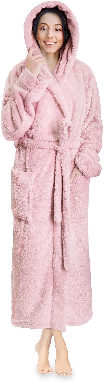 Womens Hooded Sherpa Fleece Robe, Long Plush Bathrobe Spa Housecoat