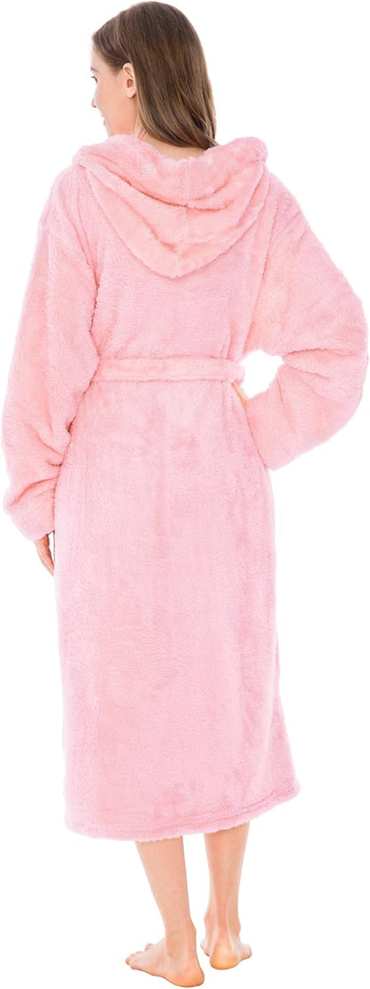 Womens Hooded Sherpa Fleece Robe, Long Plush Bathrobe Spa Housecoat