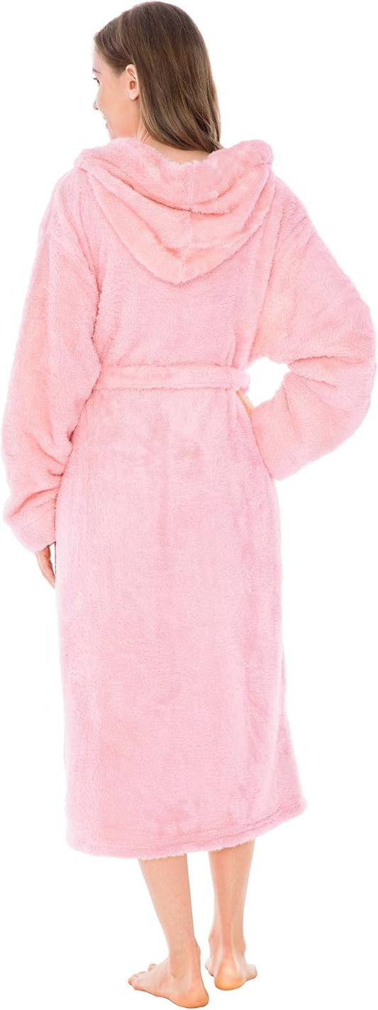 Womens Hooded Sherpa Fleece Robe, Long Plush Bathrobe Spa Housecoat