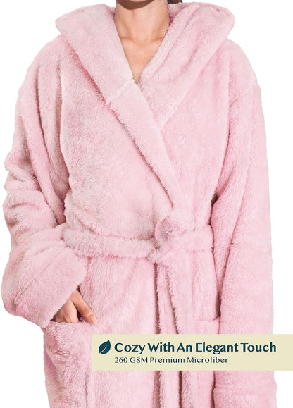 Womens Hooded Sherpa Fleece Robe, Long Plush Bathrobe Spa Housecoat