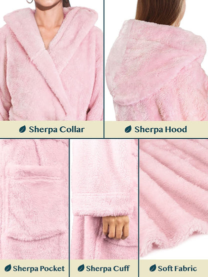 Womens Hooded Sherpa Fleece Robe, Long Plush Bathrobe Spa Housecoat
