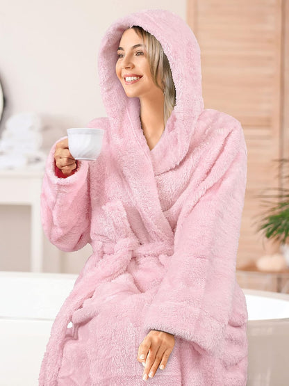 Womens Hooded Sherpa Fleece Robe, Long Plush Bathrobe Spa Housecoat