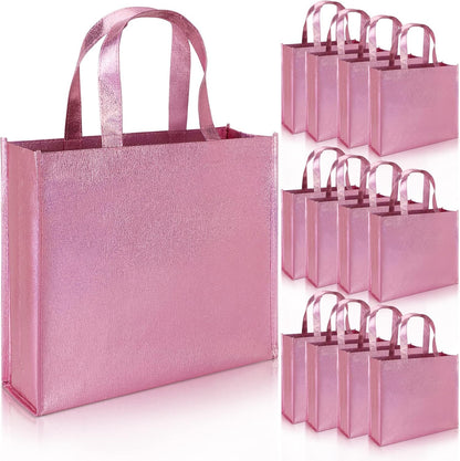 12 Large Gift Bags with Handles 12.6x3.9x10.6inch(Pink) Stylish Party Bags for Birthday Bachelorette Wedding Party Favor Bridal Shower Wrap, Reusable Goodie Bags, non-woven fabric