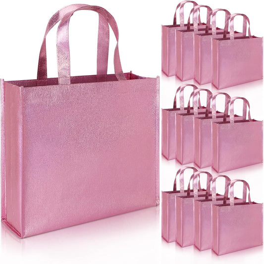 12 Large Gift Bags with Handles 12.6x3.9x10.6inch(Pink) Stylish Party Bags for Birthday Bachelorette Wedding Party Favor Bridal Shower Wrap, Reusable Goodie Bags, non-woven fabric