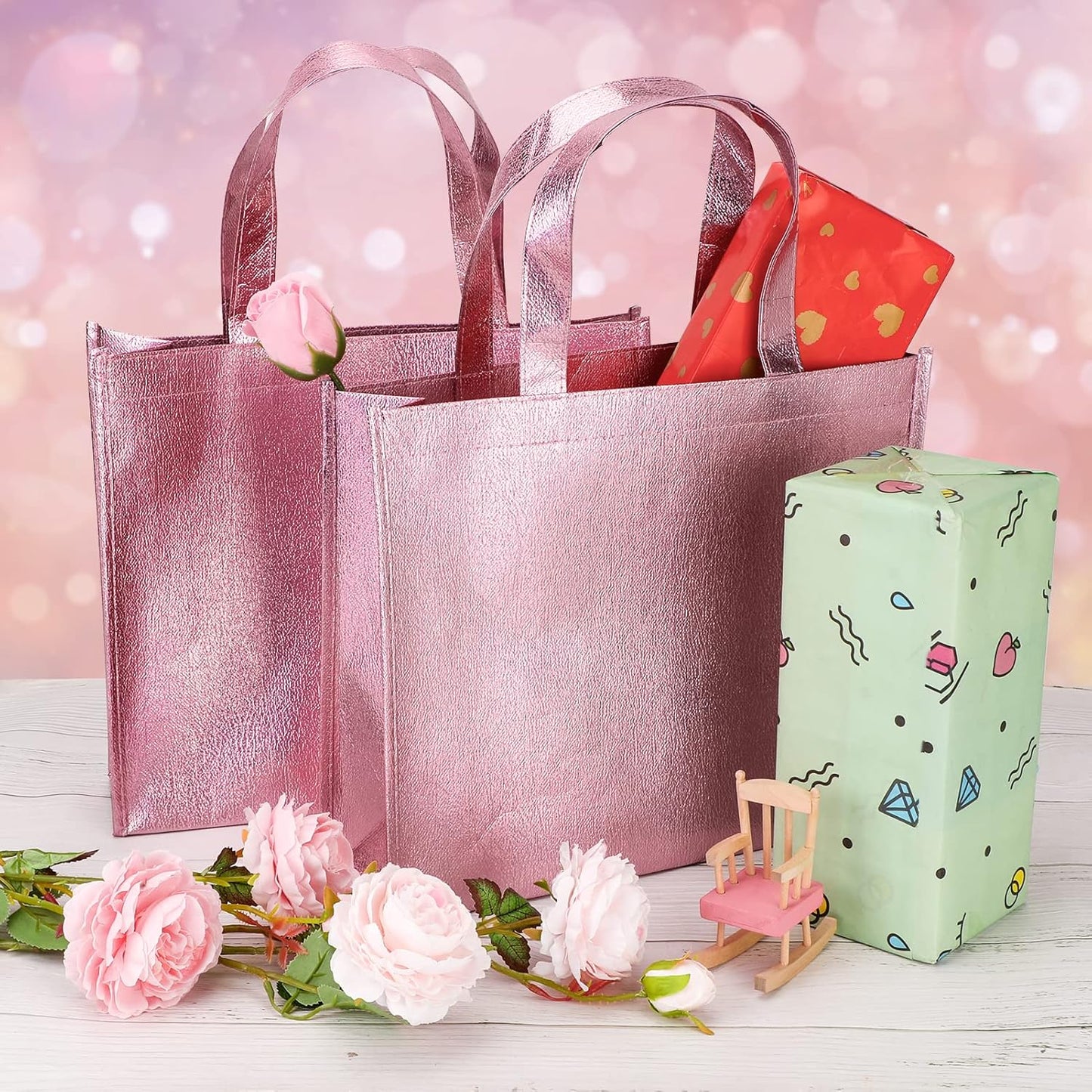 12 Large Gift Bags with Handles 12.6x3.9x10.6inch(Pink) Stylish Party Bags for Birthday Bachelorette Wedding Party Favor Bridal Shower Wrap, Reusable Goodie Bags, non-woven fabric