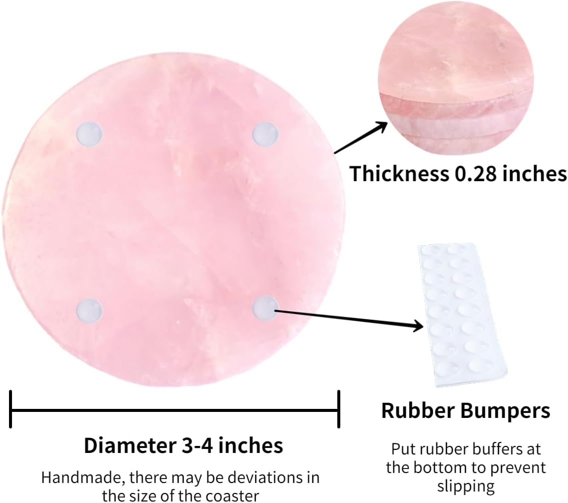Pink Crystal Coaster Round 3-4" Set of 4 Rose Quartz Slices Cup Mat with Rubber Bumper for Drinks Coffee Wine Home Decoration Gift Card