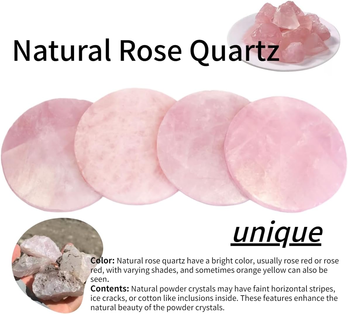 Pink Crystal Coaster Round 3-4" Set of 4 Rose Quartz Slices Cup Mat with Rubber Bumper for Drinks Coffee Wine Home Decoration Gift Card