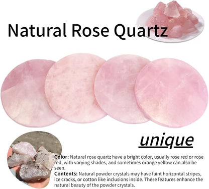 Pink Crystal Coaster Round 3-4" Set of 4 Rose Quartz Slices Cup Mat with Rubber Bumper for Drinks Coffee Wine Home Decoration Gift Card