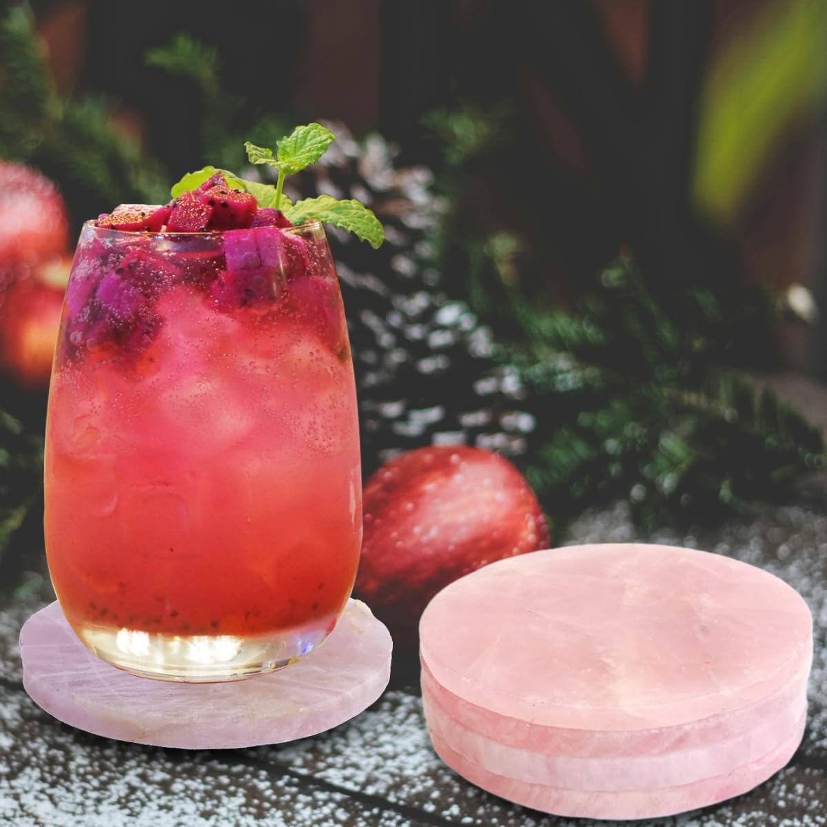 Pink Crystal Coaster Round 3-4" Set of 4 Rose Quartz Slices Cup Mat with Rubber Bumper for Drinks Coffee Wine Home Decoration Gift Card