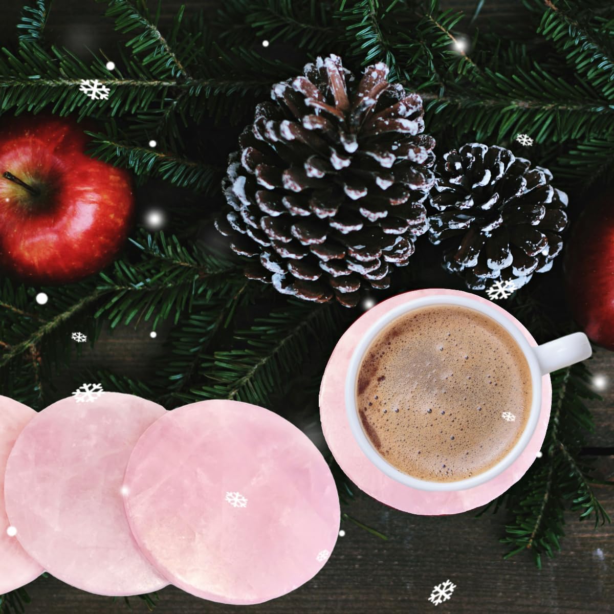 Pink Crystal Coaster Round 3-4" Set of 4 Rose Quartz Slices Cup Mat with Rubber Bumper for Drinks Coffee Wine Home Decoration Gift Card