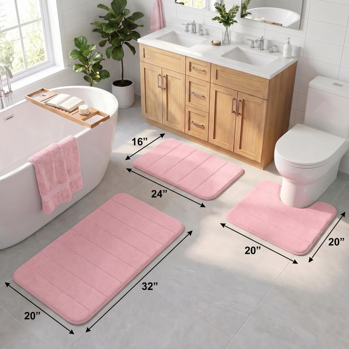 Bathroom Rugs Set 3 Piece, Memory Foam Bath Rugs, Non Slip Washable Bathroom Rug Set, Extra Soft Absorbent Bath Mats with U-Shaped Toilet Rug, Pink