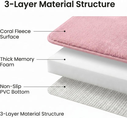 Bathroom Rugs Set 3 Piece, Memory Foam Bath Rugs, Non Slip Washable Bathroom Rug Set, Extra Soft Absorbent Bath Mats with U-Shaped Toilet Rug, Pink