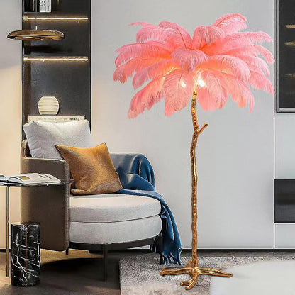 Ostrich Feather Lamp Feather Floor Lamps, Natural Ostrich Feather Floor Lamp Silver Resin Light Body Standing Light 3 Colors Dimmable Feather Lamps with Foot Switch, E14 LED Bulb,Pink