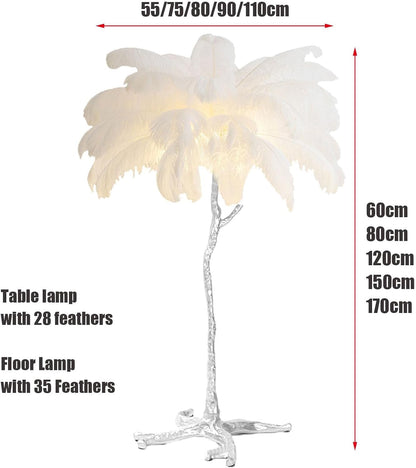 Ostrich Feather Lamp Feather Floor Lamps, Natural Ostrich Feather Floor Lamp Silver Resin Light Body Standing Light 3 Colors Dimmable Feather Lamps with Foot Switch, E14 LED Bulb,Pink