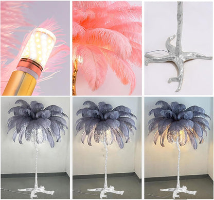 Ostrich Feather Lamp Feather Floor Lamps, Natural Ostrich Feather Floor Lamp Silver Resin Light Body Standing Light 3 Colors Dimmable Feather Lamps with Foot Switch, E14 LED Bulb,Pink