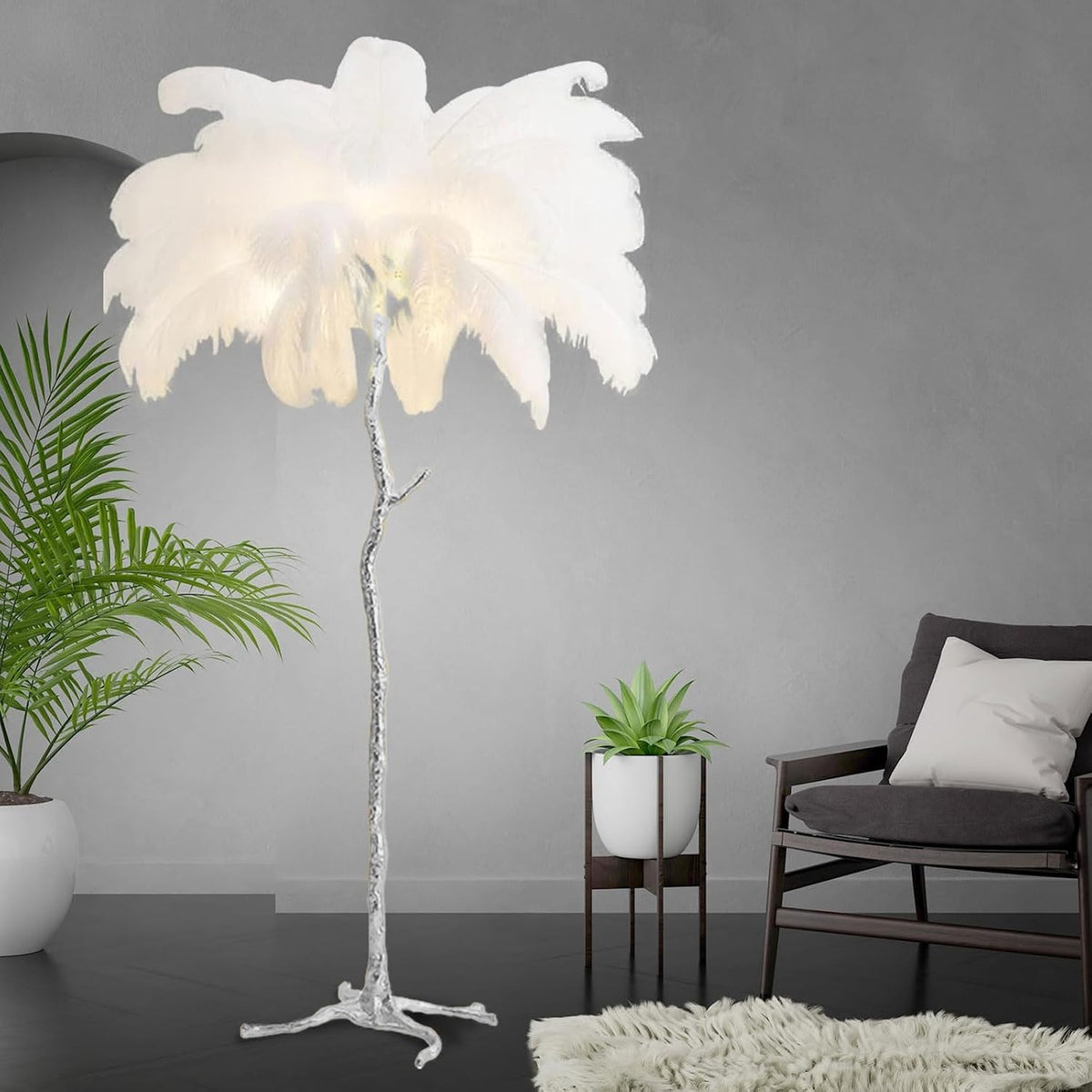 Ostrich Feather Lamp Feather Floor Lamps, Natural Ostrich Feather Floor Lamp Silver Resin Light Body Standing Light 3 Colors Dimmable Feather Lamps with Foot Switch, E14 LED Bulb,Pink