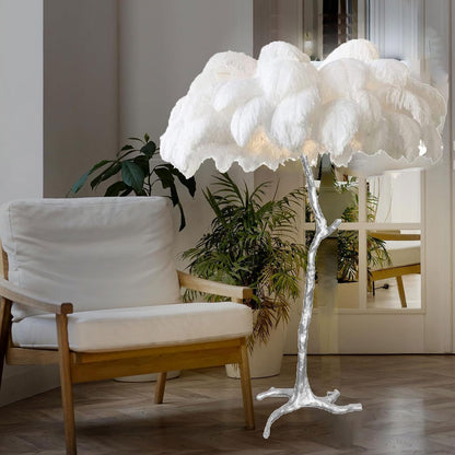 Ostrich Feather Lamp Feather Floor Lamps, Natural Ostrich Feather Floor Lamp Silver Resin Light Body Standing Light 3 Colors Dimmable Feather Lamps with Foot Switch, E14 LED Bulb,Pink
