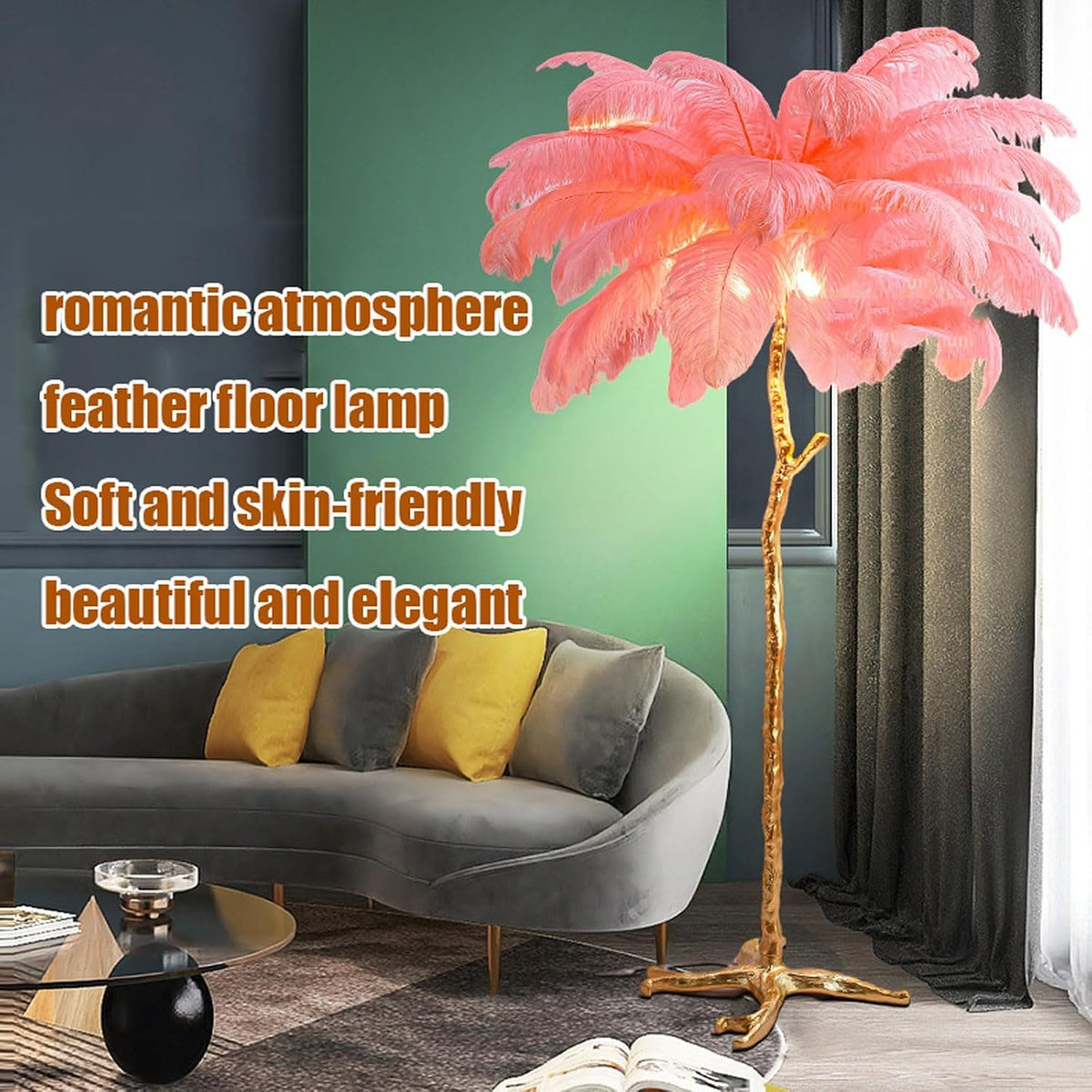 Ostrich Feather Lamp Feather Floor Lamps, Natural Ostrich Feather Floor Lamp Silver Resin Light Body Standing Light 3 Colors Dimmable Feather Lamps with Foot Switch, E14 LED Bulb,Pink