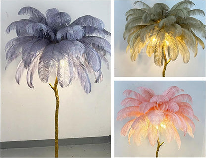 Ostrich Feather Lamp Feather Floor Lamps, Natural Ostrich Feather Floor Lamp Silver Resin Light Body Standing Light 3 Colors Dimmable Feather Lamps with Foot Switch, E14 LED Bulb,Pink