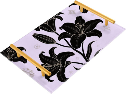 Retro Black Flower Light Pink Decorative Bar Tray with Handles Trays for Eating On for Jewelry Perfume for Drink Serving bandejas para servir comida en la cama