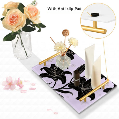 Retro Black Flower Light Pink Decorative Bar Tray with Handles Trays for Eating On for Jewelry Perfume for Drink Serving bandejas para servir comida en la cama