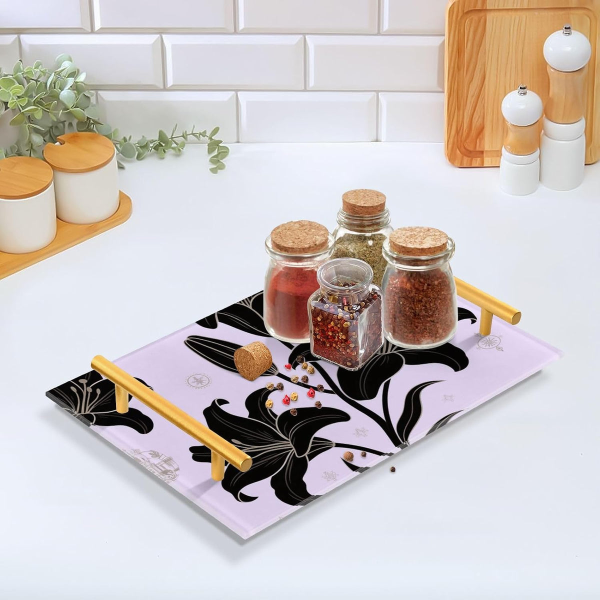 Retro Black Flower Light Pink Decorative Bar Tray with Handles Trays for Eating On for Jewelry Perfume for Drink Serving bandejas para servir comida en la cama