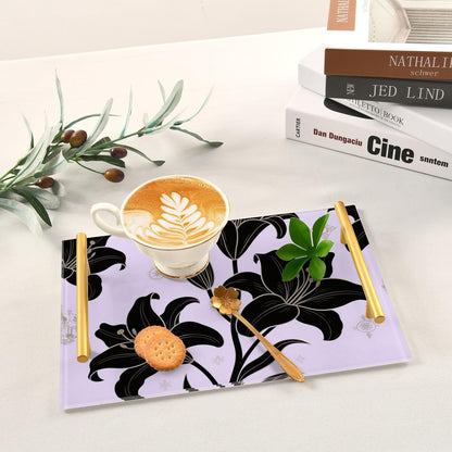 Retro Black Flower Light Pink Decorative Bar Tray with Handles Trays for Eating On for Jewelry Perfume for Drink Serving bandejas para servir comida en la cama