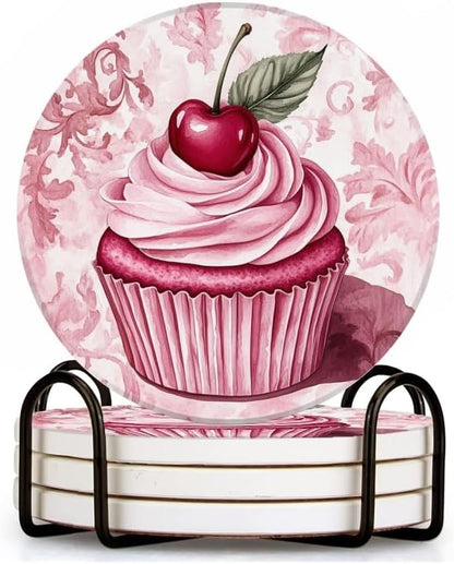 Drinking Coasters Set of 4,Pink Cupcake with Pink Cream Round Water Absorbent Ceramic Coaster with Holder,Cork Base Non-Slip,Décor for Various Cups Coffee Cup Beverage,4 inch
