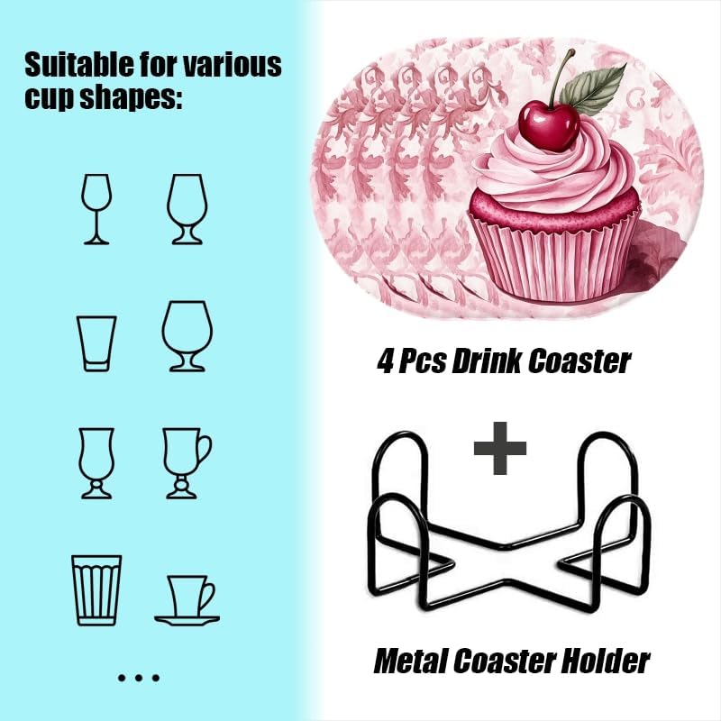 Drinking Coasters Set of 4,Pink Cupcake with Pink Cream Round Water Absorbent Ceramic Coaster with Holder,Cork Base Non-Slip,Décor for Various Cups Coffee Cup Beverage,4 inch