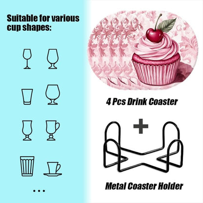 Drinking Coasters Set of 4,Pink Cupcake with Pink Cream Round Water Absorbent Ceramic Coaster with Holder,Cork Base Non-Slip,Décor for Various Cups Coffee Cup Beverage,4 inch