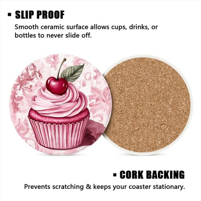 Drinking Coasters Set of 4,Pink Cupcake with Pink Cream Round Water Absorbent Ceramic Coaster with Holder,Cork Base Non-Slip,Décor for Various Cups Coffee Cup Beverage,4 inch