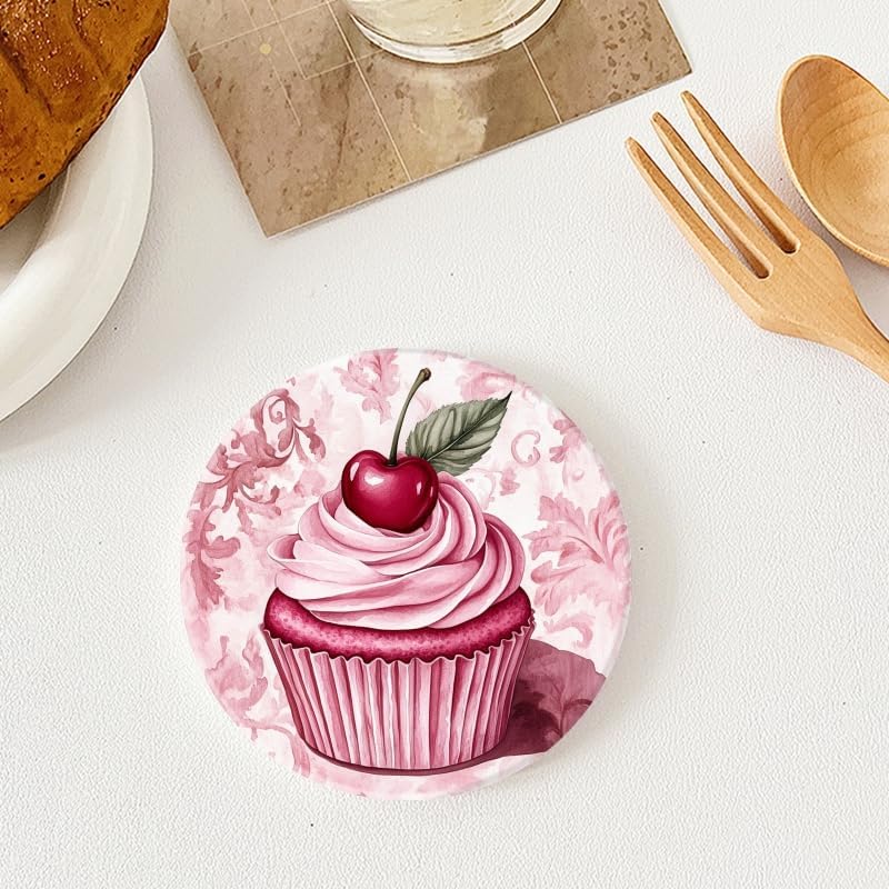Drinking Coasters Set of 4,Pink Cupcake with Pink Cream Round Water Absorbent Ceramic Coaster with Holder,Cork Base Non-Slip,Décor for Various Cups Coffee Cup Beverage,4 inch